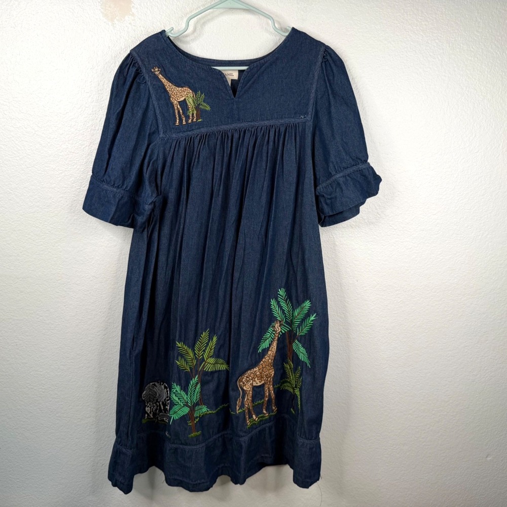 Bechamel Women's House Patio Dress Denim Blue Sz M Safari Giraffe Zebra